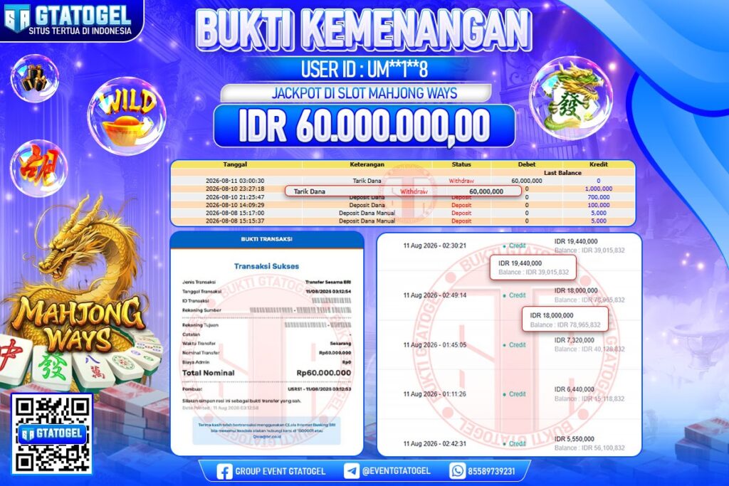 BUKTI WITHDRAW GTATOGEL KEMENANGAN JACKPOT DI SLOT MAHJONG WAYS