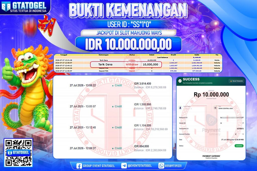 BUKTI WITHDRAW GTATOGEL KEMENANGAN JACKPOT DI SLOT MAHJONG WAYS