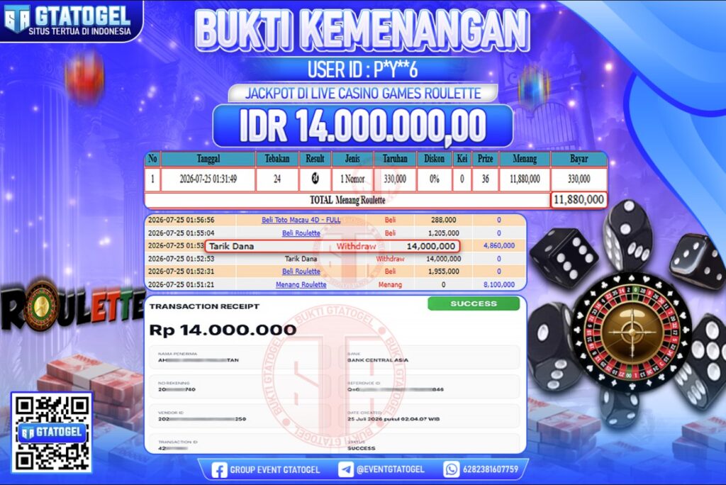 BUKTI WITHDRAW GTATOGEL KEMENANGAN JACKPOT DI LIVE CASINO GAMES ROULETTE