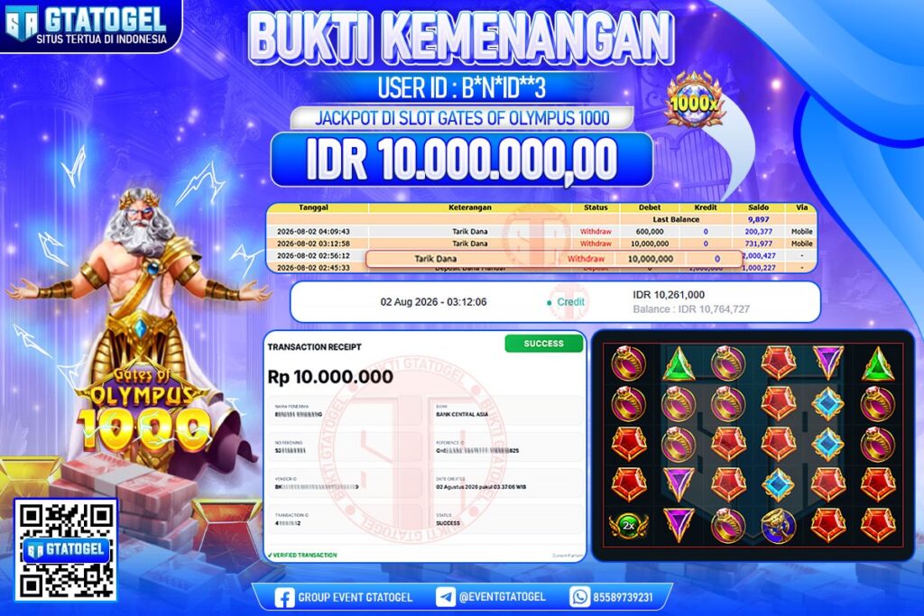BUKTI WITHDRAW GTATOGEL KEMENANGAN JACKPOT DI SLOT GATES OF OLYMPUS 1000