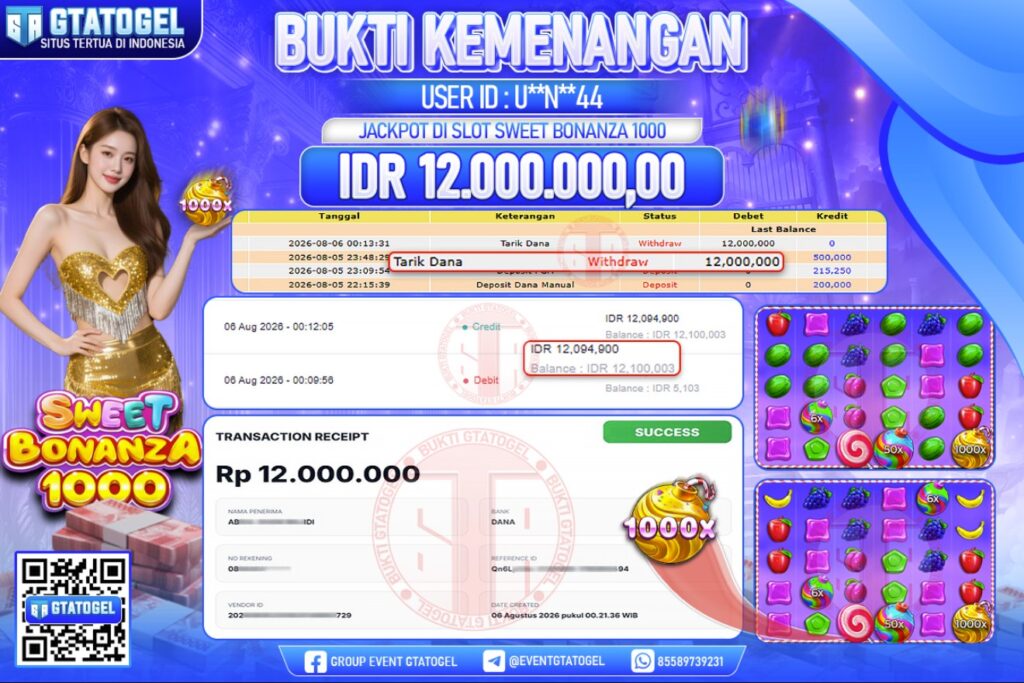 BUKTI WITHDRAW GTATOGEL KEMENANGAN JACKPOT DI SLOT SWEET BONANZA 1000